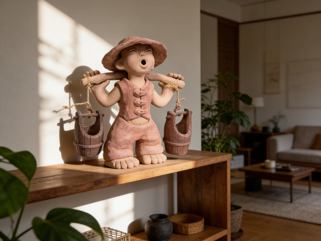 手工陶泥人物雕塑作為空間焦點擺設，陽光灑落在木質層架上，呈現侘寂風格的生活美學氛圍