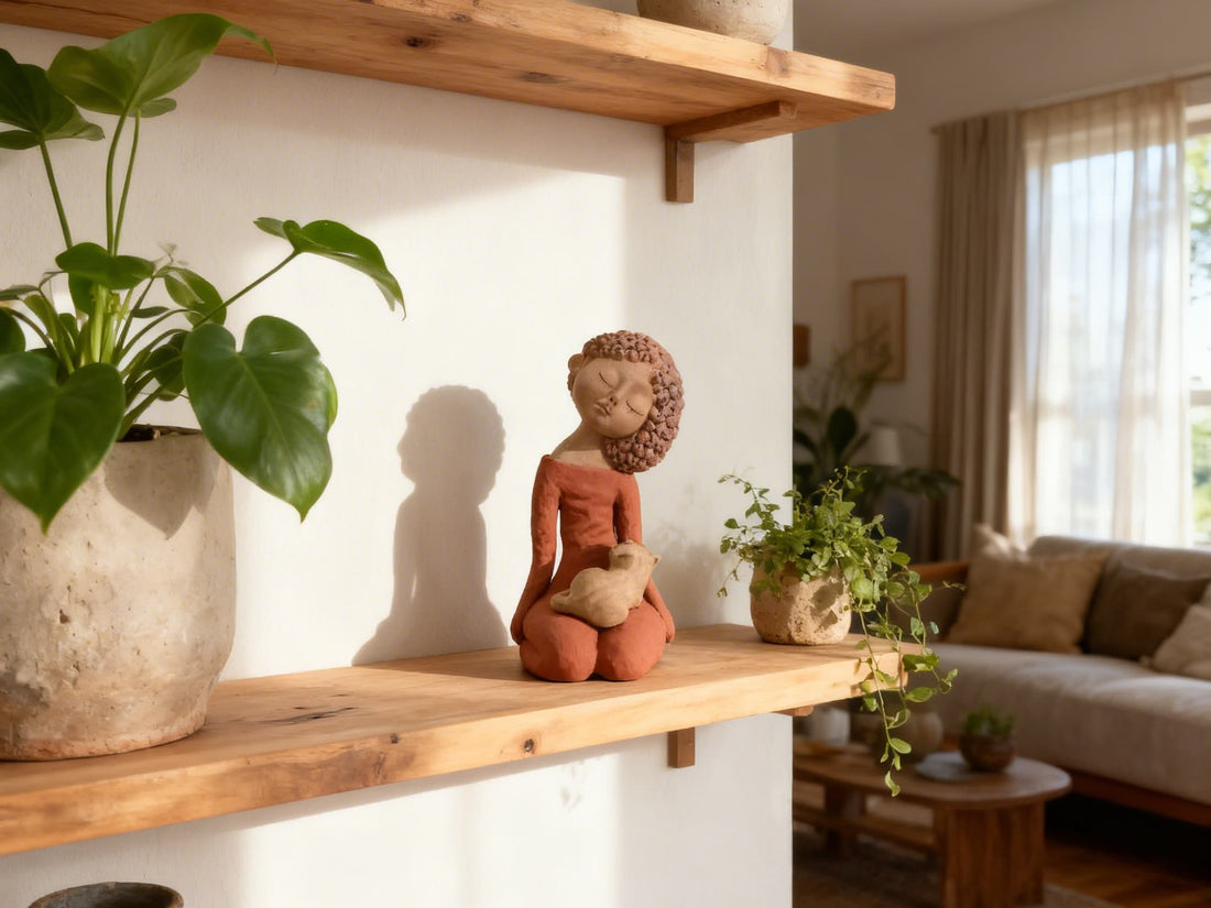 手工陶泥人物擺件，女孩靜坐抱貓，放在客廳層板與綠植旁