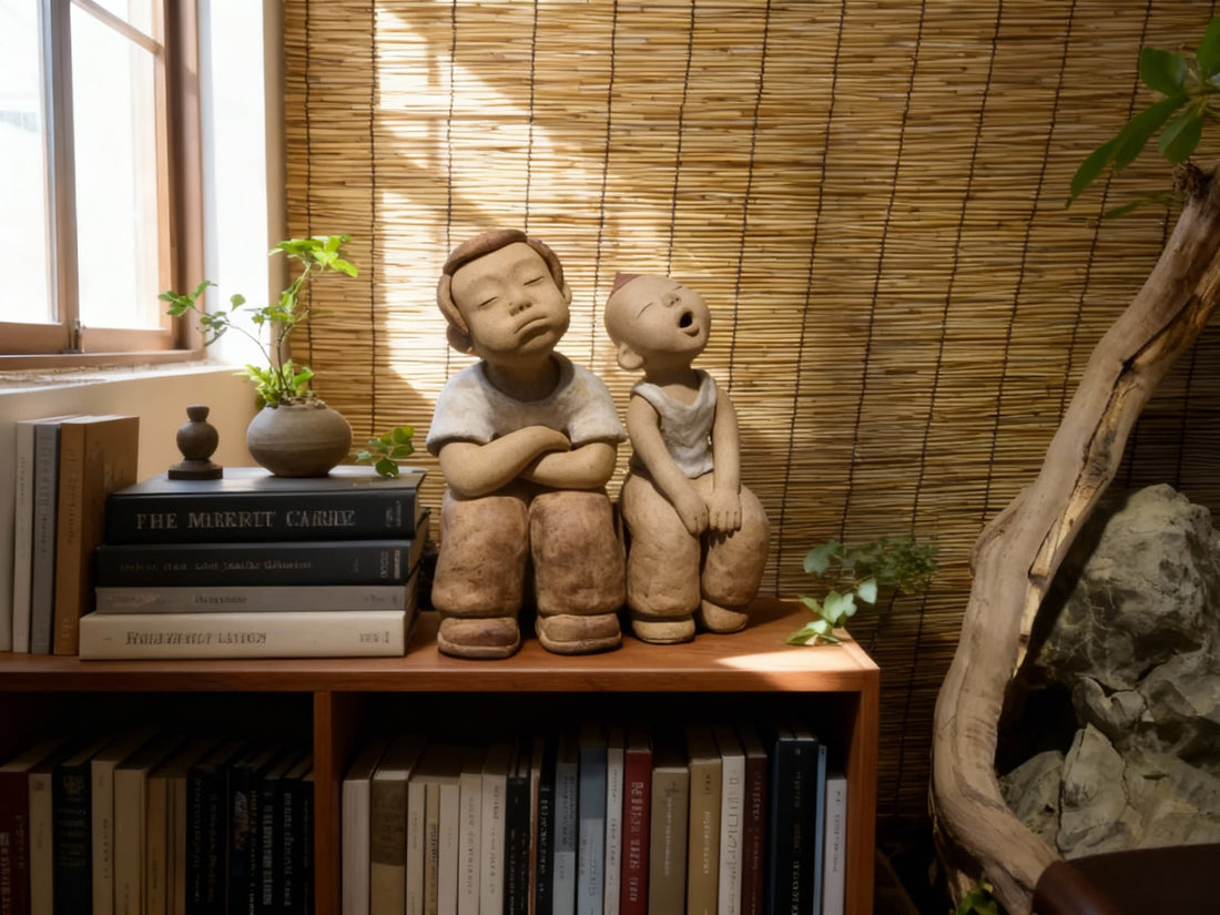 兩件手工陶泥人物雕塑並坐於自然光空間中，呈現童真與陪伴情感，適合作為具有情感價值與收藏意義的藝術禮品。