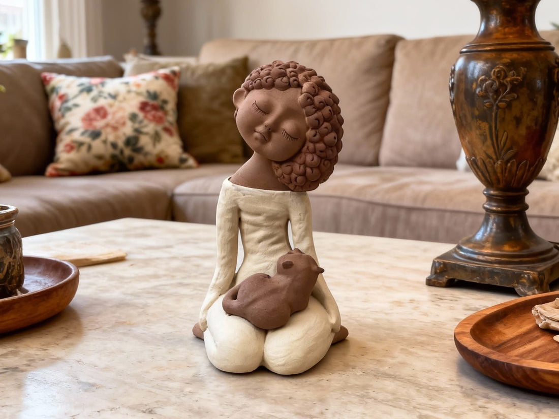 Handmade ceramic figurine of a peaceful girl holding a small animal, displayed on a wooden table in a calm, modern living room with warm natural light.