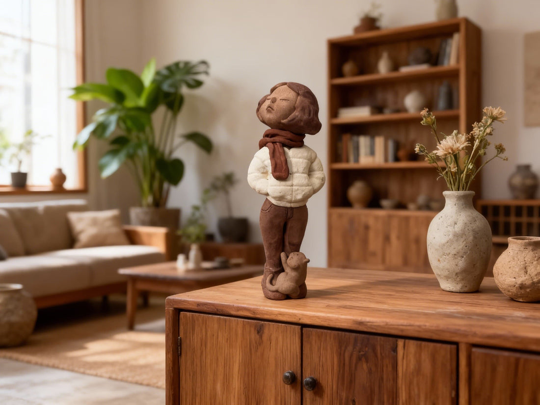 手工陶泥人物雕塑擺放於自然採光的居家空間，展現溫潤質感與生活美學