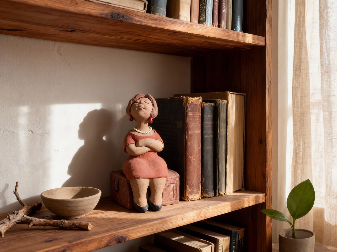 手工陶泥人物雕塑擺放於木質書櫃層架，搭配自然窗光與留白空間，呈現適合極簡與 Japandi 風格居家的安靜家居擺設氛圍
