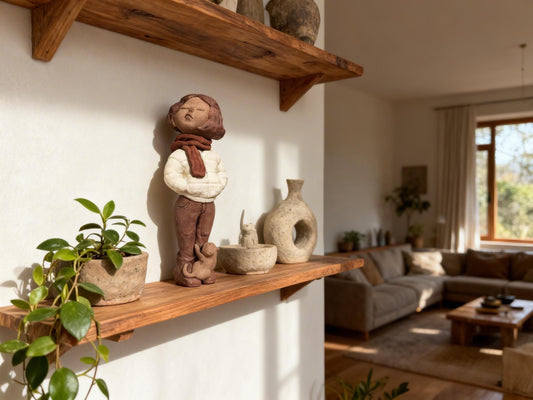 Handmade clay figurine displayed on a wall shelf, blending naturally into a calm and minimalist living room interior.