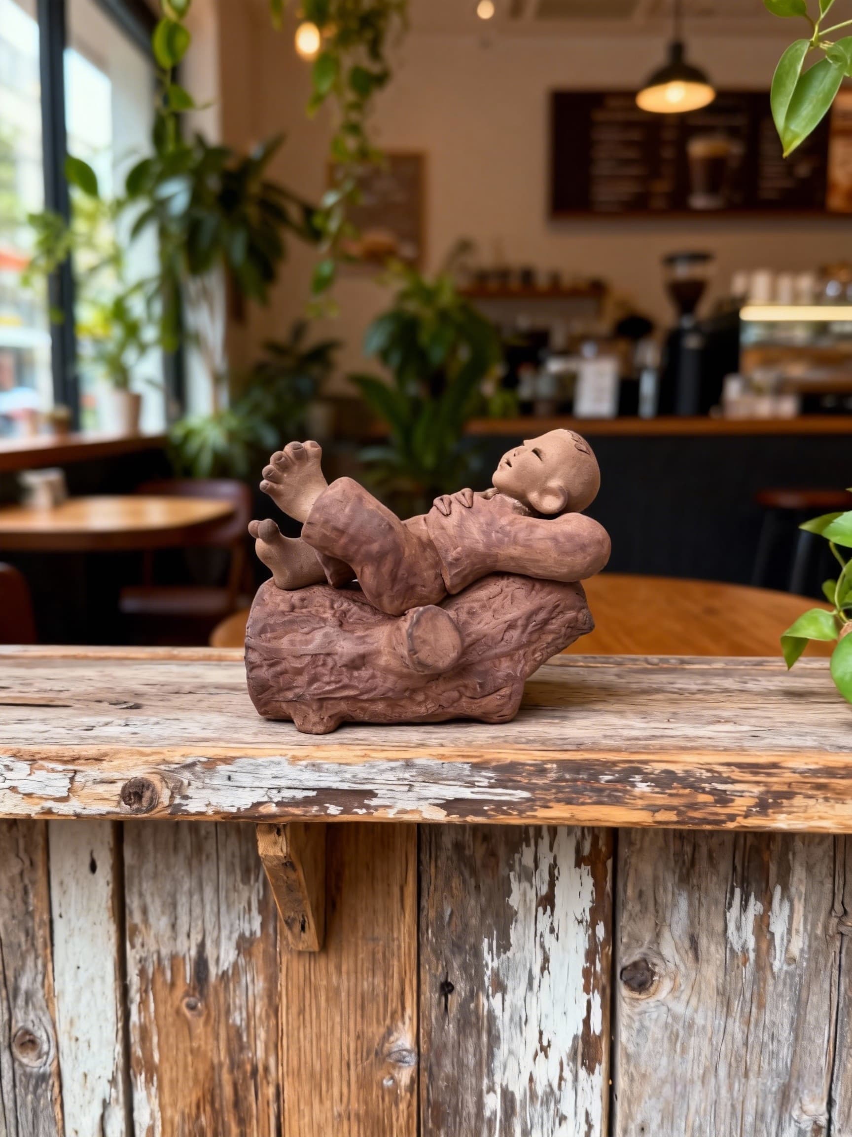 Handmade clay figurine – 赤腳童‧木上酣憩