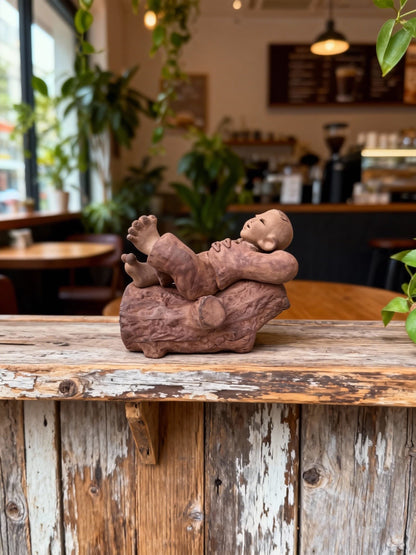 Handmade clay figurine – 赤腳童‧木上酣憩