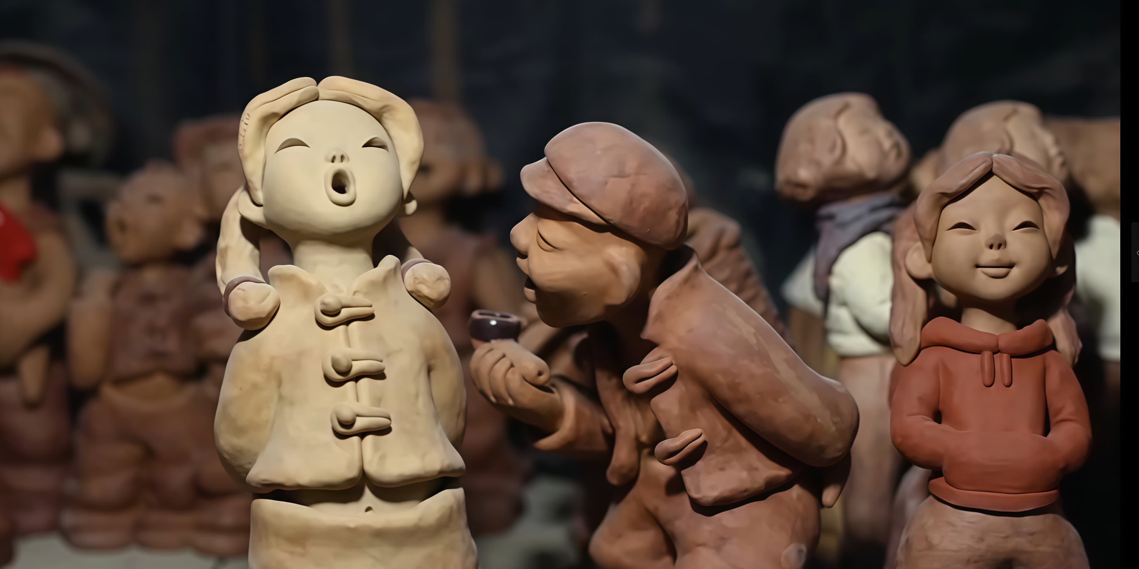 A collection of handmade Chinese clay figurines showcasing traditional folk art craftsmanship and expressive artisan sculpture characters
