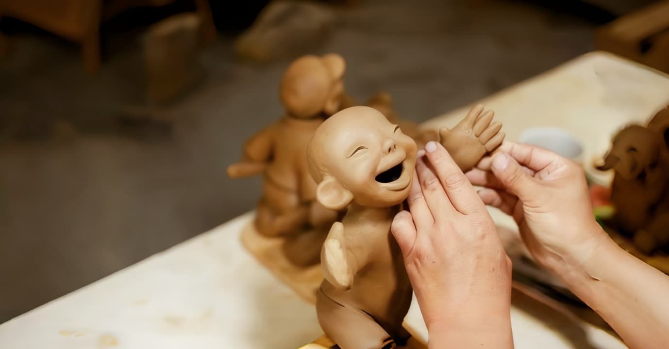 Artisan shaping a smiling handmade clay figurine, showcasing traditional craftsmanship and folk art sculpture process in a warm studio setting