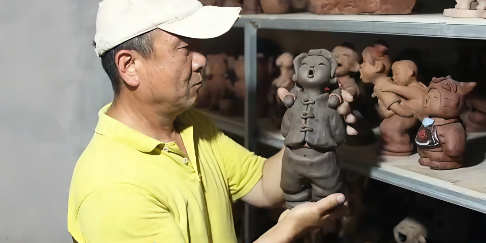 Artist holding a handmade clay figurine in the Clay Tales studio, surrounded by ceramic sculptures in a quiet working environment
