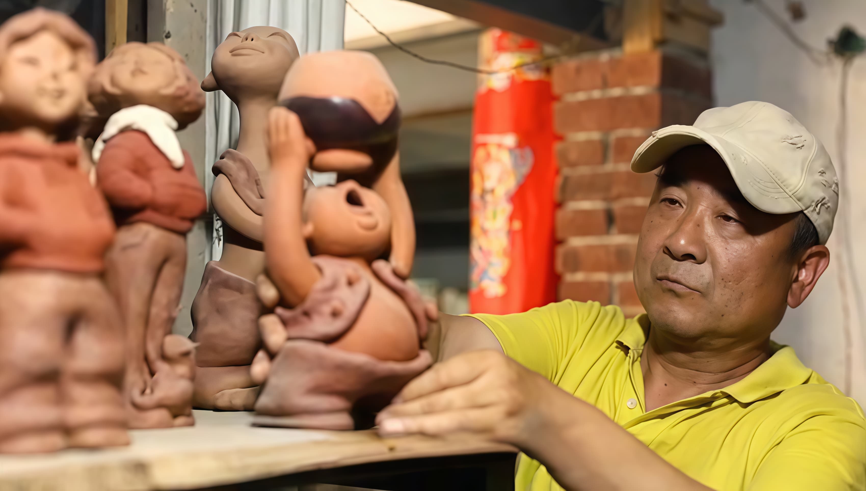 載入影片：紀錄片呈現中國山東博山「四代泥塑傳承」——胡氏家族以古月泥陶為核心，從傳統手工制陶發展為藝術作品。畫面包含泥塑捏製過程、工匠胡雲平專注創作的場景，以及人物泥塑細節，展現民俗題材、手作技法與地域文化特色。